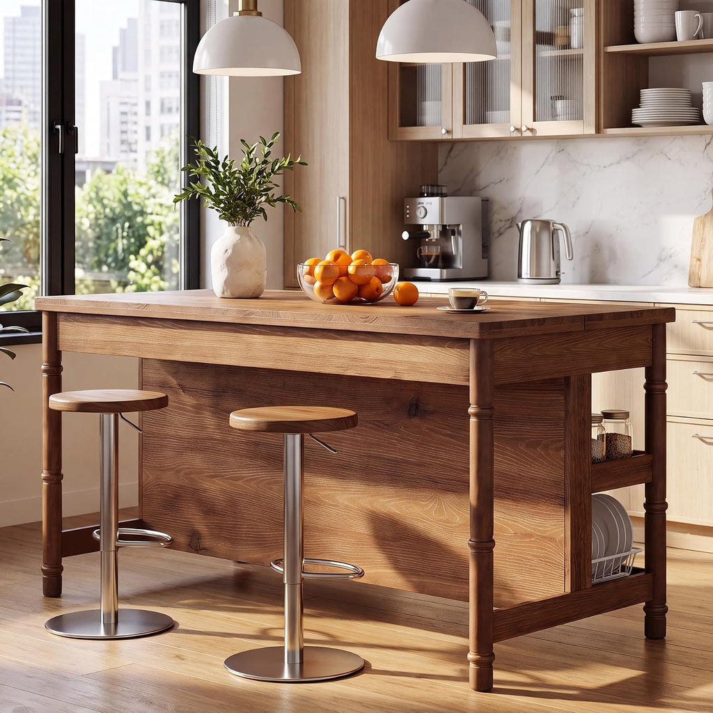 63" Solid Wood Kitchen Island Table with Storage & Seating | Three-Tier Storage, Full-Length Open Shelves, Counter Stool Compatible, Elegant Turned Legs, Farmhouse Style