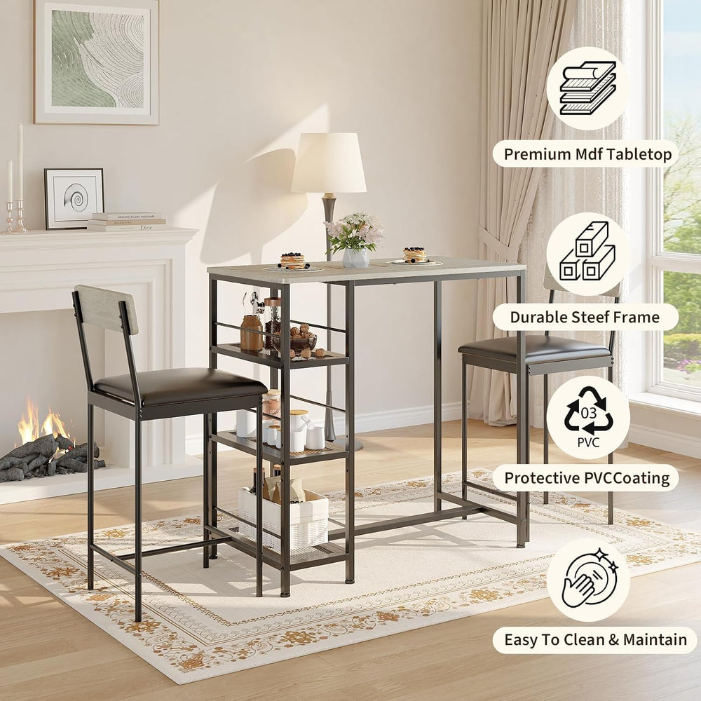 3-Piece Dining Table Set with Storage Shelves and 2 Upholstered Chairs, MDF &...