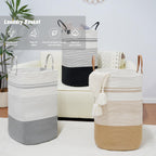 danpinera 75L Woven Laundry Hamper with Long Leather Handles, Baby Laundry Basket for Nursery, Tall Hampers for Bedroom Aesthetic, Decorative Clothes Storage Basket for Family White & Gray