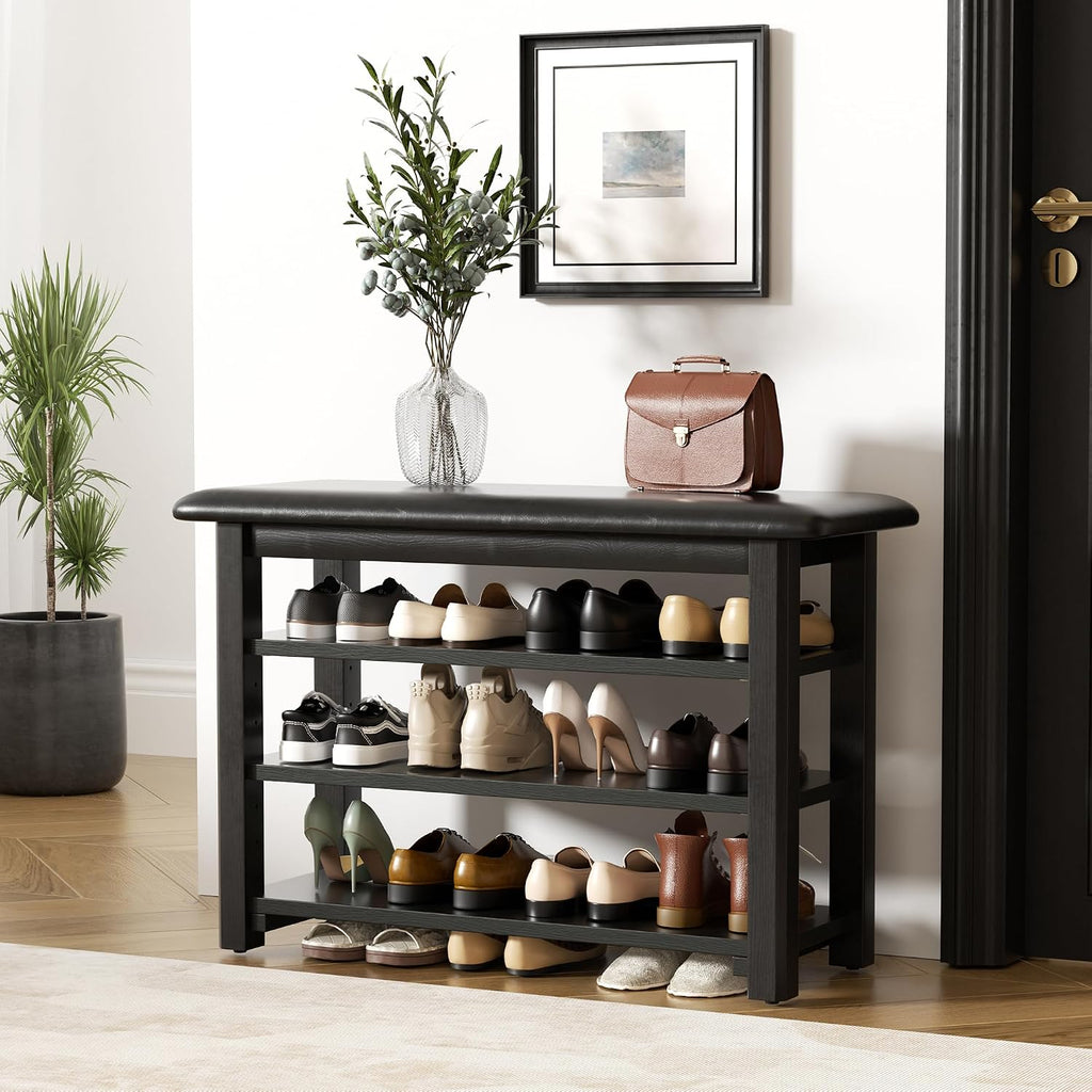 Shoe Rack Bench with Leather Cushion 3-Tier Shoe Rack Organizer for Entryway Hallway or Living Room Farmhouse Rustic Wooden Seat Bench Black 11.8" Dx23.6 Wx20.4 H