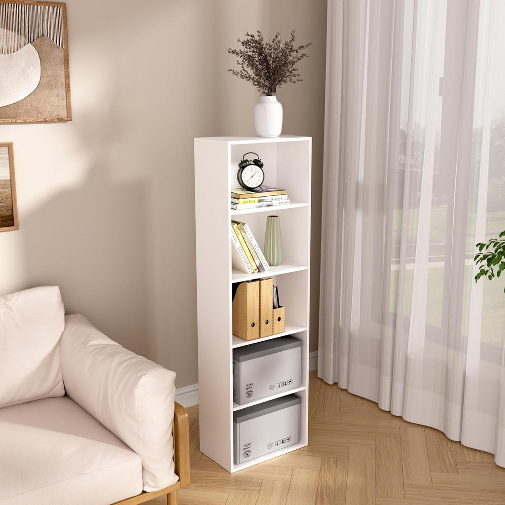 Wooden 5 Cube Storage Organizer, White 5 Tier Bookcase Bookshelf Freestanding Storage Display Organizer, Versatile Cubes Open Shelf and Cubby Unit for Living Room, Home Office, Dinning Room 15.7inch