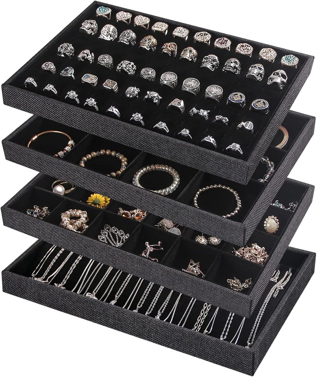 Julysky 4 Pcs/set Stackable Jewelry Organizer Trays for Drawer,100 Slots Ring Tray，Necklace Tray,12 Grid,24 Grid Jewelry Displays for Selling,Black