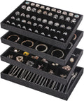Julysky 4 Pcs/set Stackable Jewelry Organizer Trays for Drawer,100 Slots Ring Tray，Necklace Tray,12 Grid,24 Grid Jewelry Displays for Selling,Black