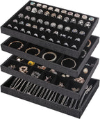Julysky 4 Pcs/set Stackable Jewelry Organizer Trays for Drawer,100 Slots Ring Tray，Necklace Tray,12 Grid,24 Grid Jewelry Displays for Selling,Black