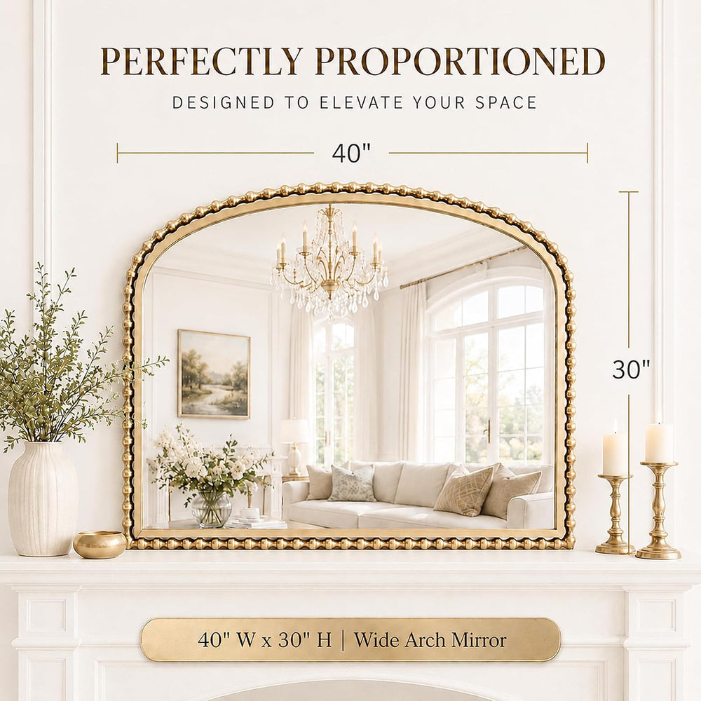 40"x30" Wide Arch Wall Mirror, Antique Gold Bold Beaded Frame