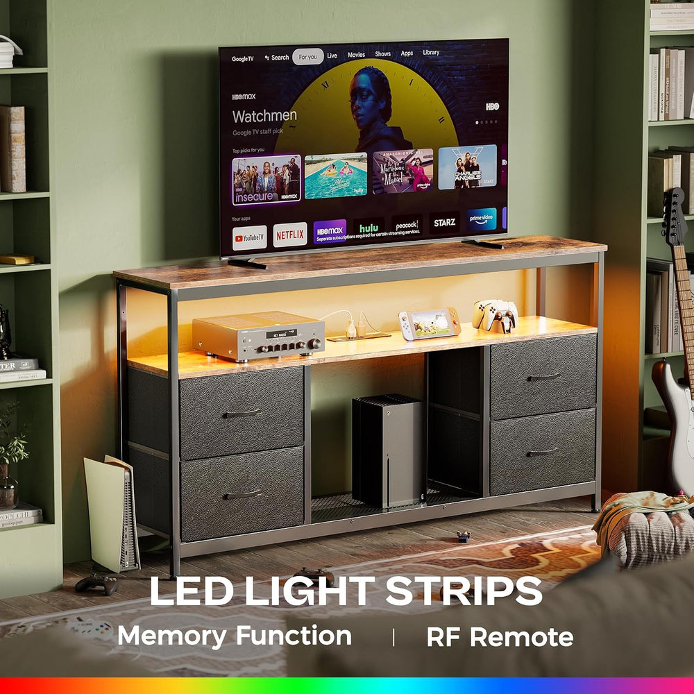 Huuger TV Stand Dresser with Power Outlets and LED Lights, 4 Drawers Entertai...