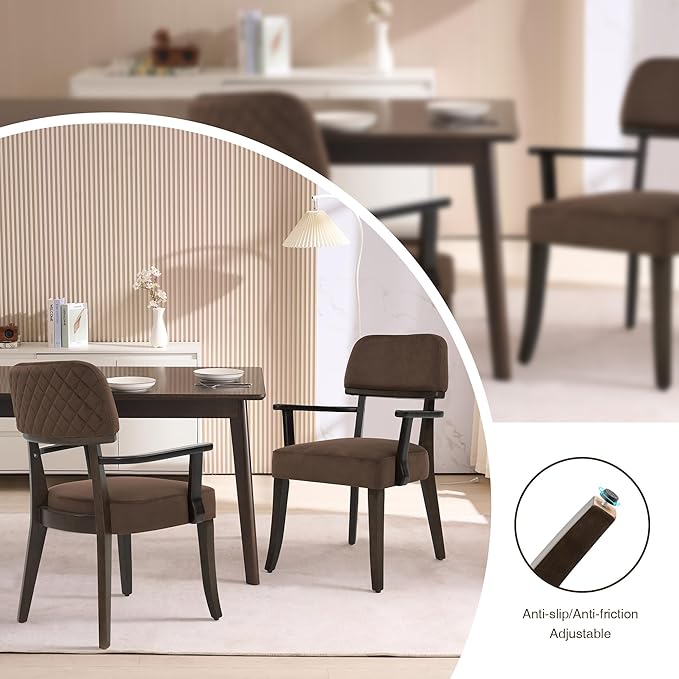 Modern Wood Dining Chairs with Arms Set of 2, Velvet Upholstered Kitchen Chairs with Open Curved Backrest & Black Hardwood Legs, Accent Chairs 350 LBS Capacity, Brown