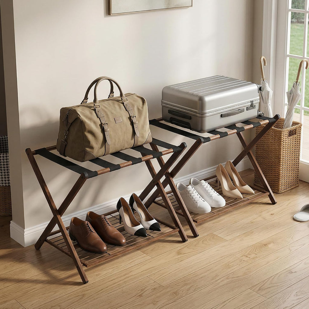 Smuxee Fully Assembled Walnut Grain Luggage Rack set of 2, Foldable Iron Suitcase Stand with 5 Nylon Straps, Luggage Holder with Shelf for Guest Room Bedroom Hotel