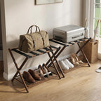 Smuxee Fully Assembled Walnut Grain Luggage Rack set of 2, Foldable Iron Suitcase Stand with 5 Nylon Straps, Luggage Holder with Shelf for Guest Room Bedroom Hotel