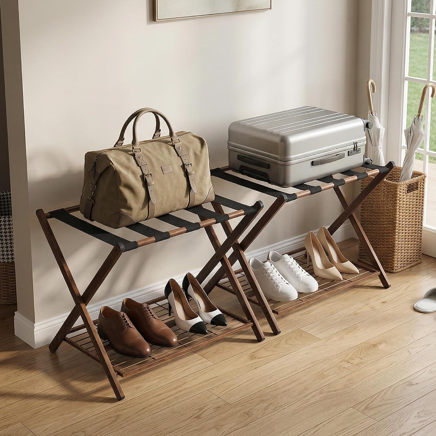 Smuxee Fully Assembled Walnut Grain Luggage Rack set of 2, Foldable Iron Suitcase Stand with 5 Nylon Straps, Luggage Holder with Shelf for Guest Room Bedroom Hotel