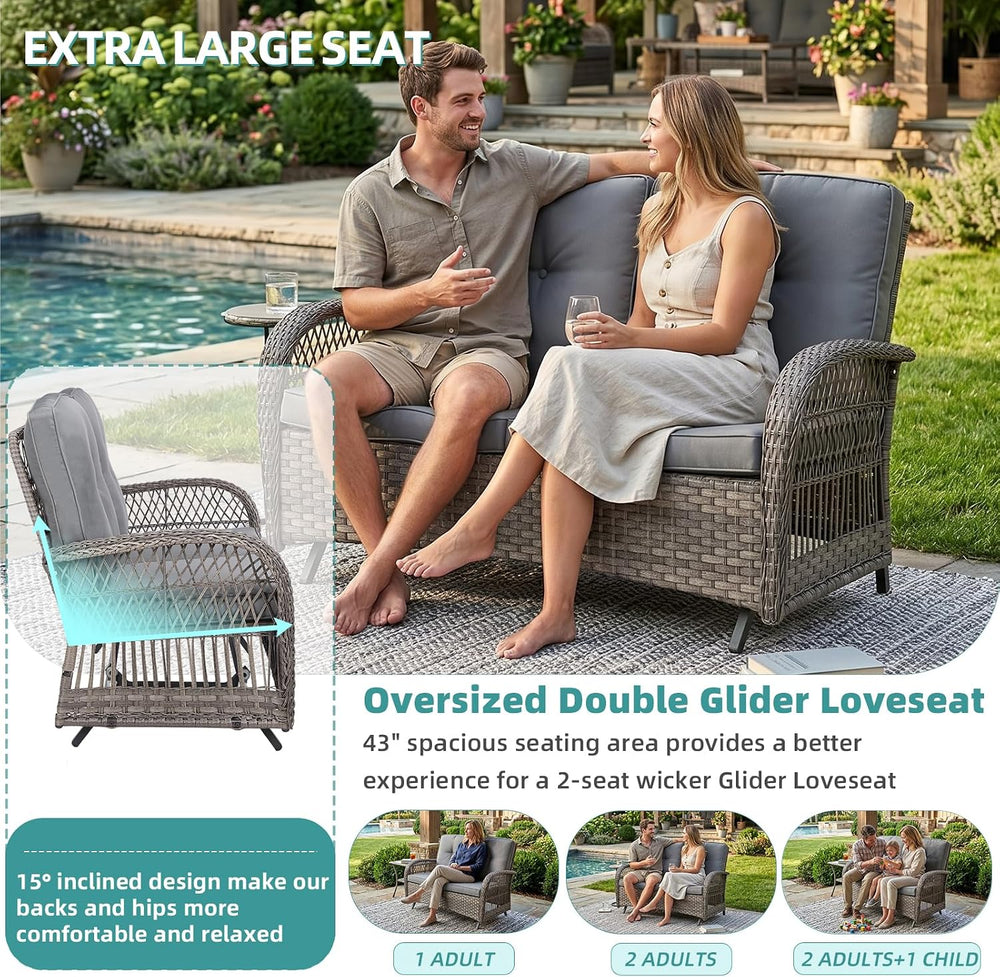 MEETWARM Outdoor Wicker Patio Glider Set, Loveseat for 2 Person Porch Furnitu...