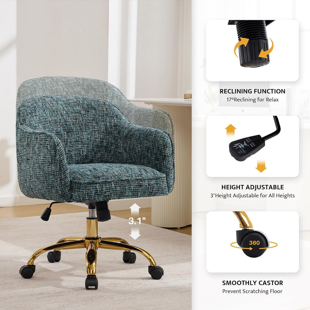 Desk Chair, Chenille Swivel Chair with Arms & Gold Wheels, Emerald | Home...