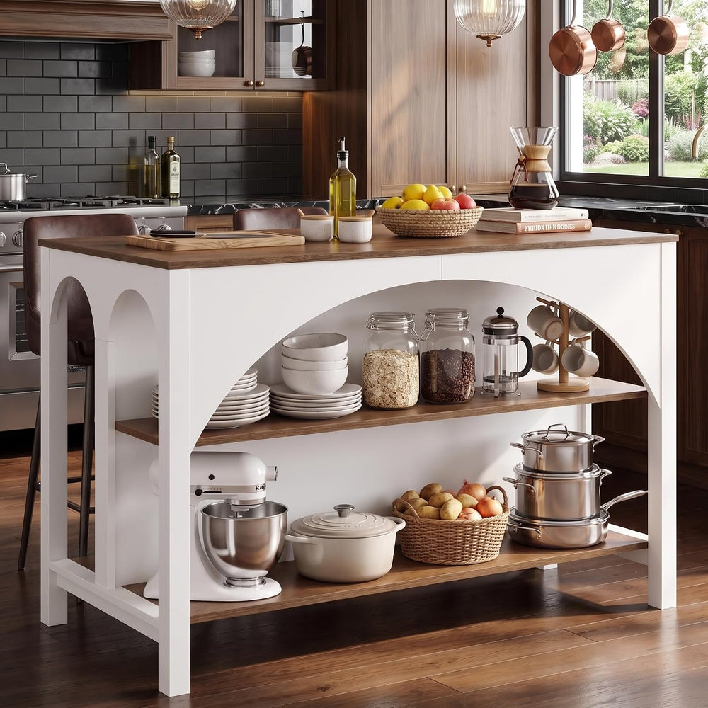 Tribesigns 55" Kitchen Island with 2-Tier Shelves and Seating | Wood Sta...