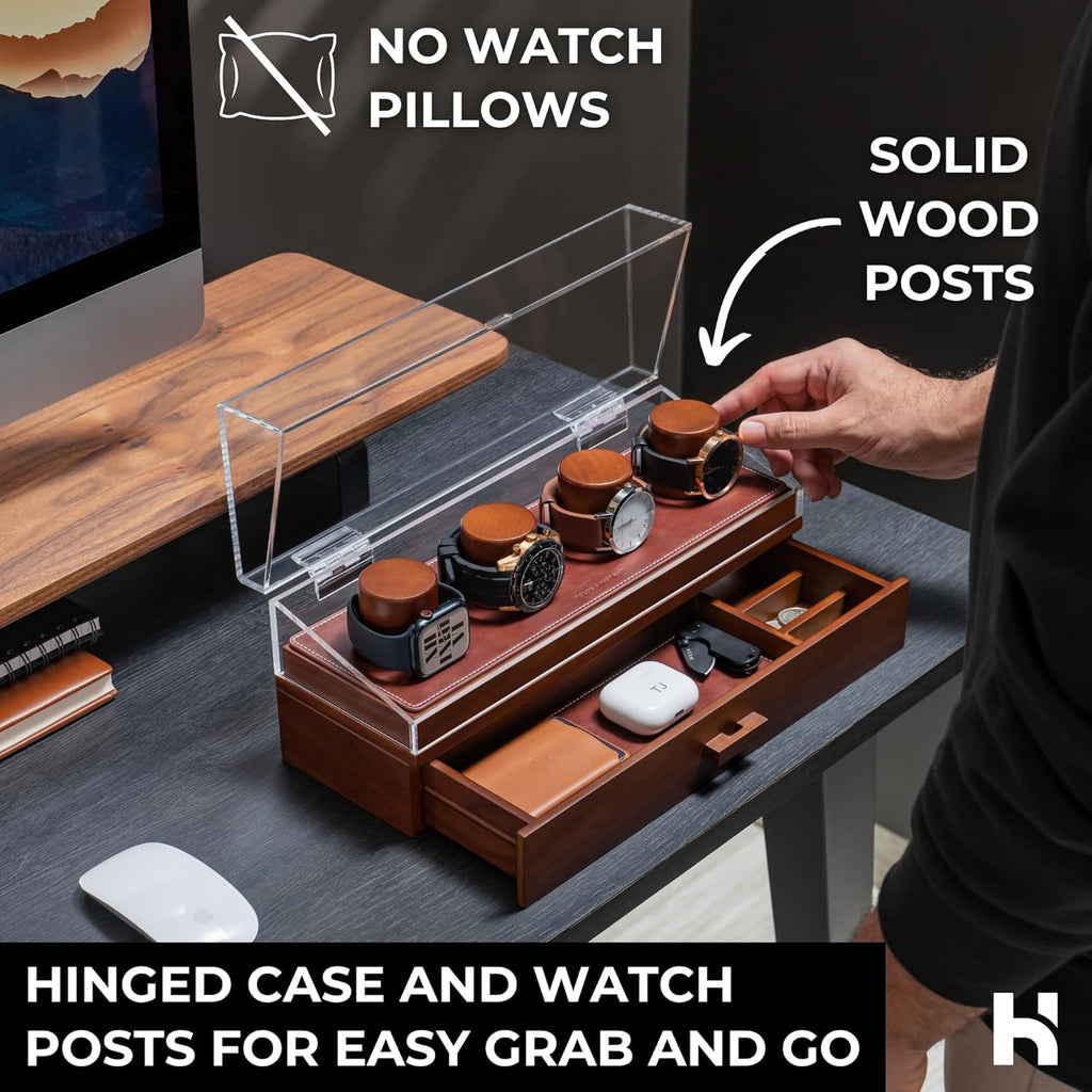 Holme & Hadfield Premium 4 Slot Watch Box for Men - Wooden Watch Display Case with Hinged Cover, Leather Lining & Drawer - Watch Holder Organizer Stand - Handcrafted Luxury Christmas Gift for Men