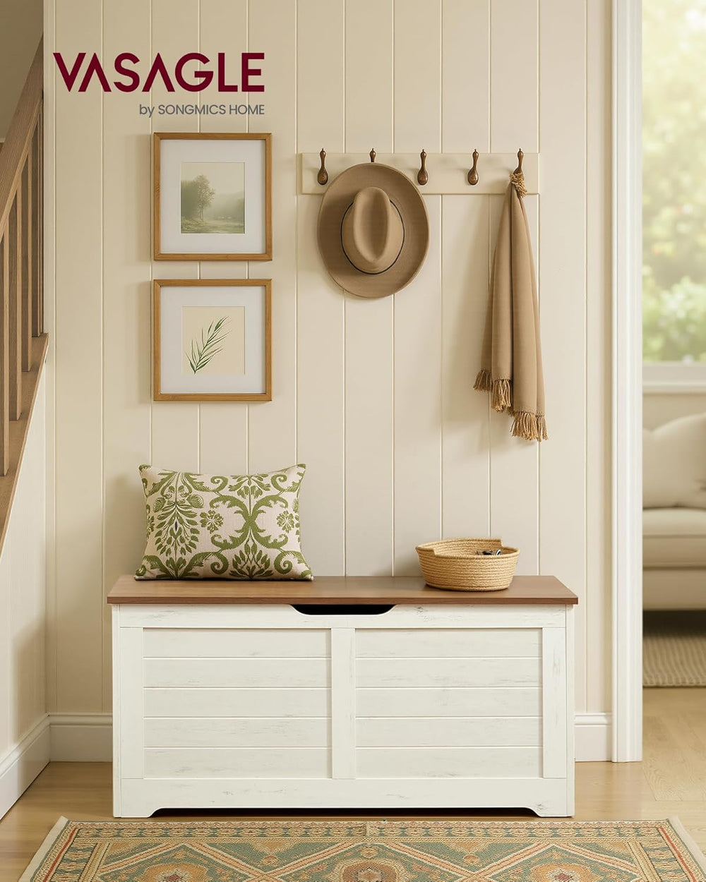 VASAGLE Storage Chest, 39.4 Inches Width Bench with 2 Safety Hinges | Farmhou...