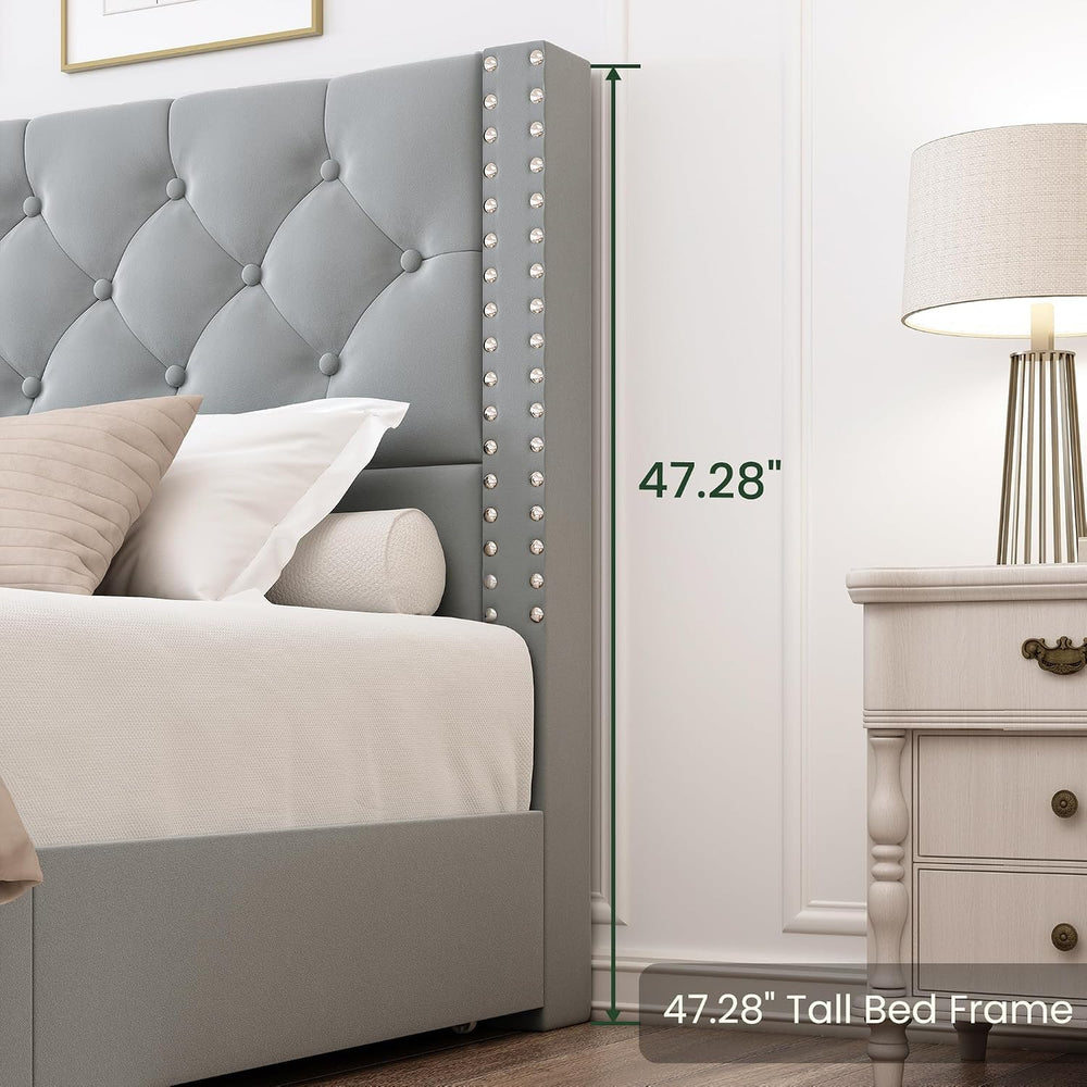 LARMACE Full Size Bed Frame Upholstered Platform Bed with 4 Storage Drawers a...