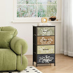 Tohomeor Vintage Dresser Vertical Nightstand with Neutral Botanical Plant Fabric Chest Drawers for Closet Bathroom Storage Tower Unit Bed Side Organizer Farmhouse Rustic (Multi, 4 Drawers)