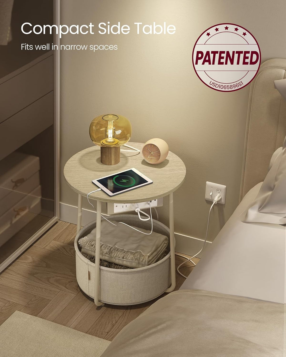 VASAGLE LILEA Collection - Side Table with Charging Station, Round End Table ...