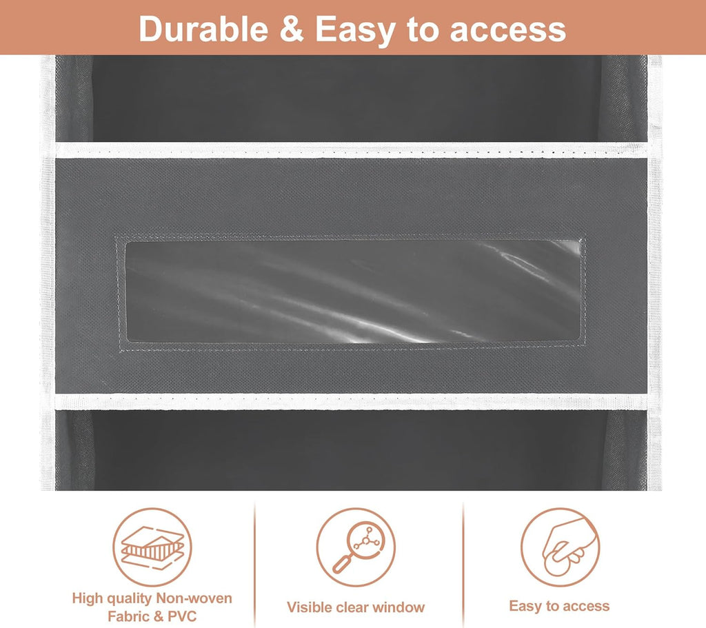 5-Tier Over The Door Storage Organizer with 10 Side Mesh Pockets, 48 lbs Load Capacity, 3 Hooks Design, Door Hanging Organizer with Clear Windows for Bathroom, Bedroom, Nursery, Kitchen-Grey
