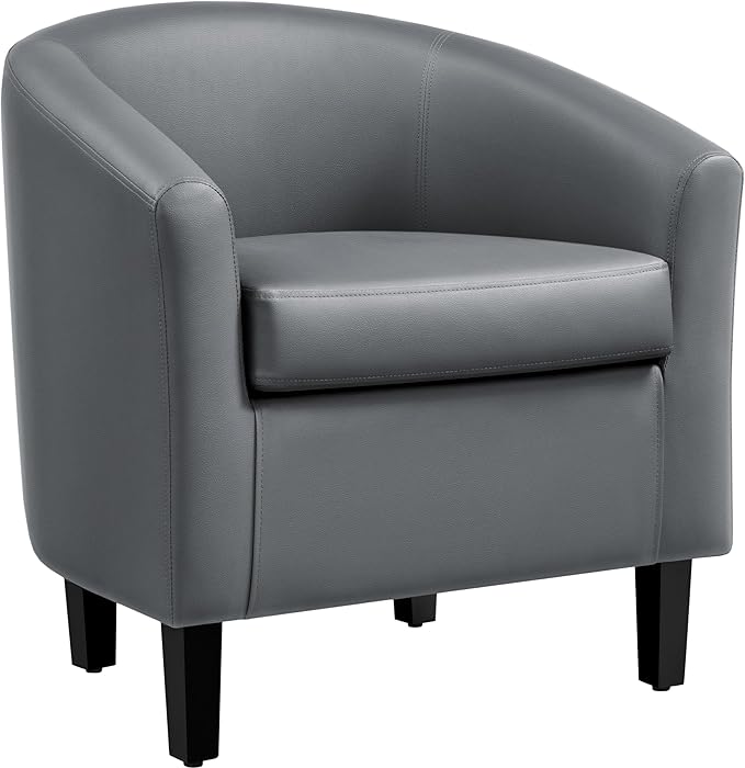 Yaheetech PU Leather Barrel Chair, Modern Accent Chair with Wood Sturdy Legs, Faux Leather Club Chair Comfy Armchair Modern Tub Chair for for Living Room Bedroom Waiting Room, Gray