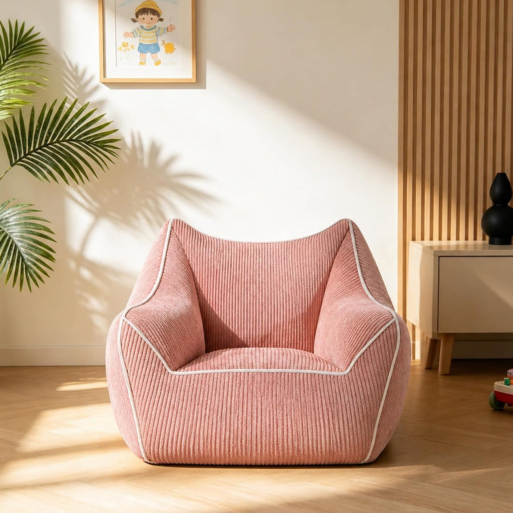 Pink Kids Bean Bag Chair, Stuffed Kids Bean Bag Sofa with Filler Corduroy Bean Bag Seat for Girls, Small Comfy Lazy Sofa Lounge Chair with Armrests and Back Support for Gaming, Reading, Pink