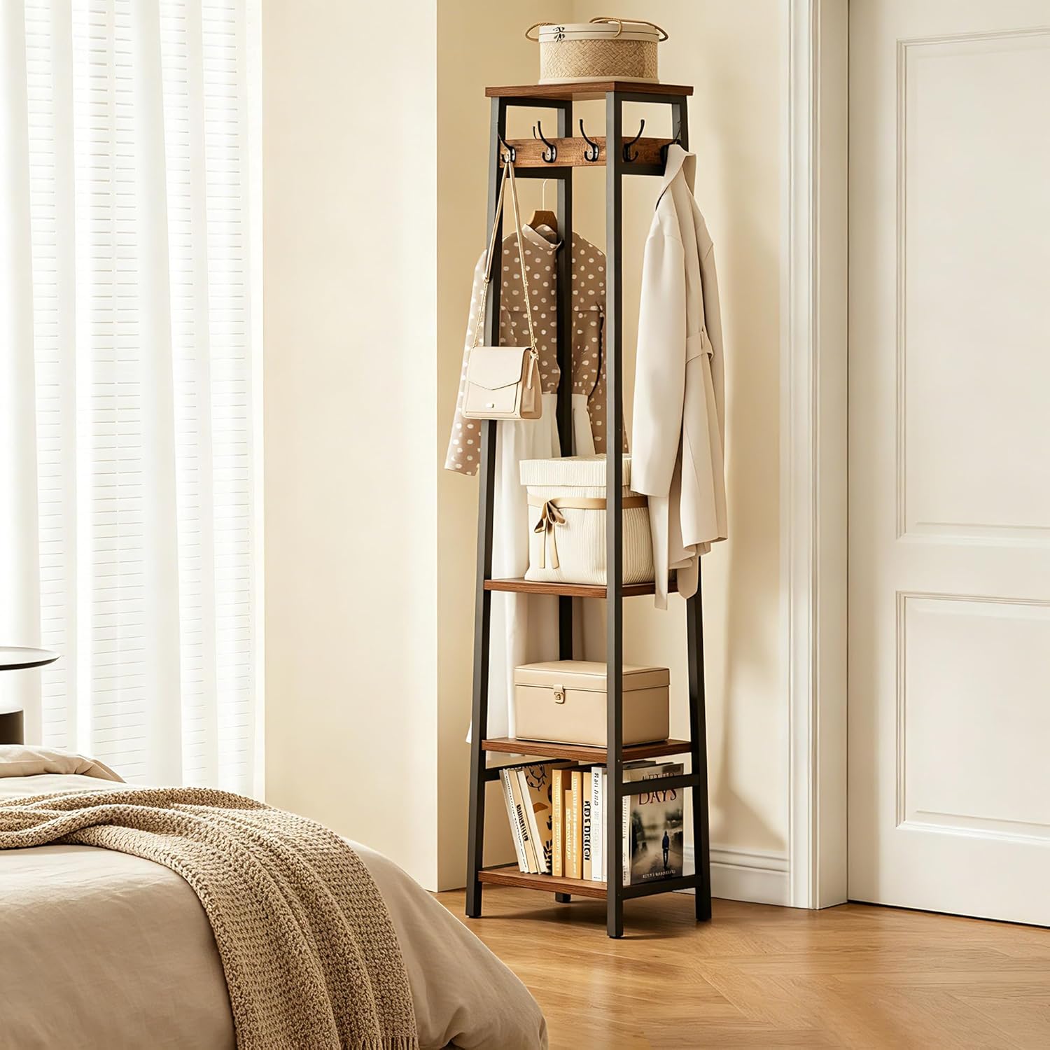 Coat Rack Freestanding, Coat Stand with 3 Shelves and 7 Hooks, Hall Tree Free Standing, Clothes Rack Stand Organizer, Industrial Style, Rustic Brown and Black