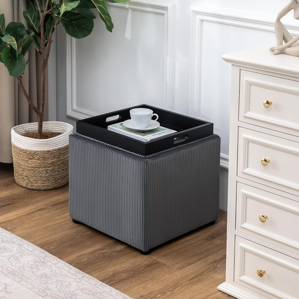 Adeco 17" Corduroy Storage Ottoman with Reversible Tray Lid, Modern Square Footstool for Living Room, RV & Dorm, Sturdy 355lbs Capacity Coffee Table & Side Table, Gray