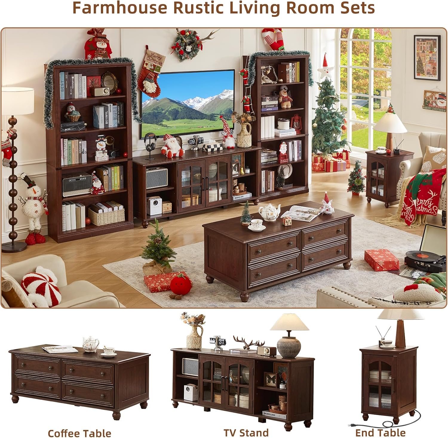 RWYHG Farmhouse TV Stand for 60 in TV, Entertainment Center for Living Room | Adjustable Shelves, Magnetic Glass Door, Sturdy Gourd Base, Wood Grain Top, High Capacity Storage Cabinet, Walnut
