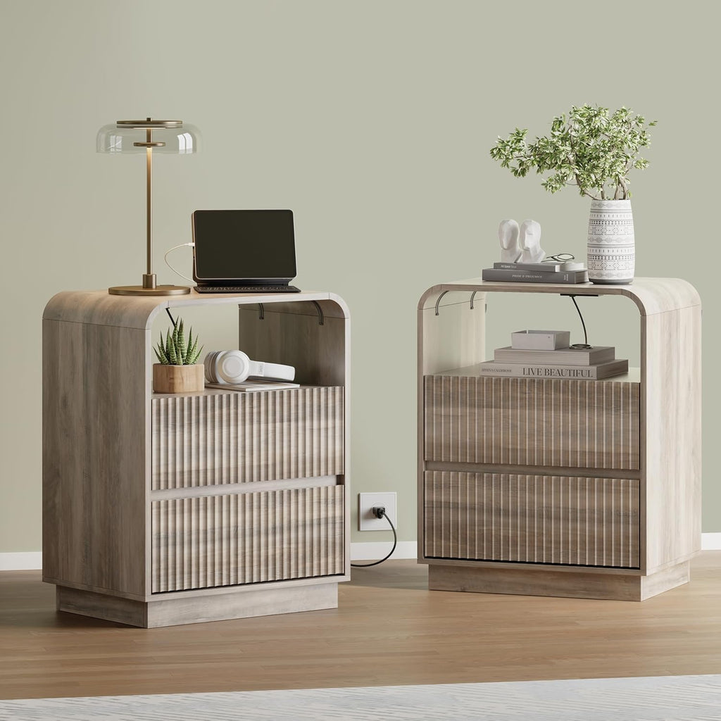 Grey Nightstands Set of 2 with Charging Station, Mid Century Modern End Tables & Bedside Tables, Fluted Wood Small Night Stands with 2 Hidden Drawers and Storage Shelf for Bedroom, Gray