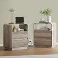 Grey Nightstands Set of 2 with Charging Station, Mid Century Modern End Tables & Bedside Tables, Fluted Wood Small Night Stands with 2 Hidden Drawers and Storage Shelf for Bedroom, Gray
