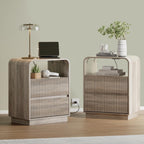 Grey Nightstands Set of 2 with Charging Station, Mid Century Modern End Tables & Bedside Tables, Fluted Wood Small Night Stands with 2 Hidden Drawers and Storage Shelf for Bedroom, Gray