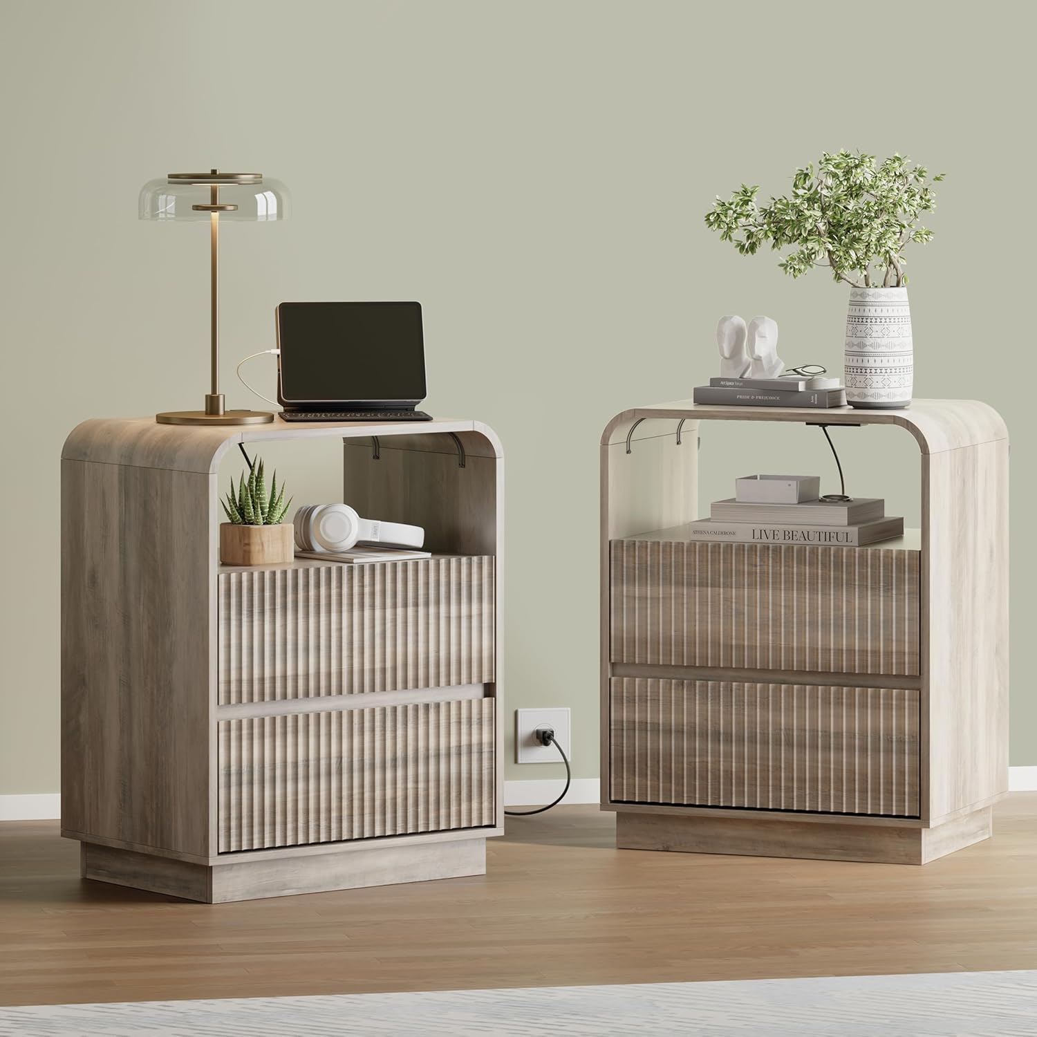 Grey Nightstand with Charging Station, Mid Century Modern Bedside Table & End Table, Fluted Wood Small Night Stand with 2 Hidden Drawers and Storage Shelf for Bedroom, Gray