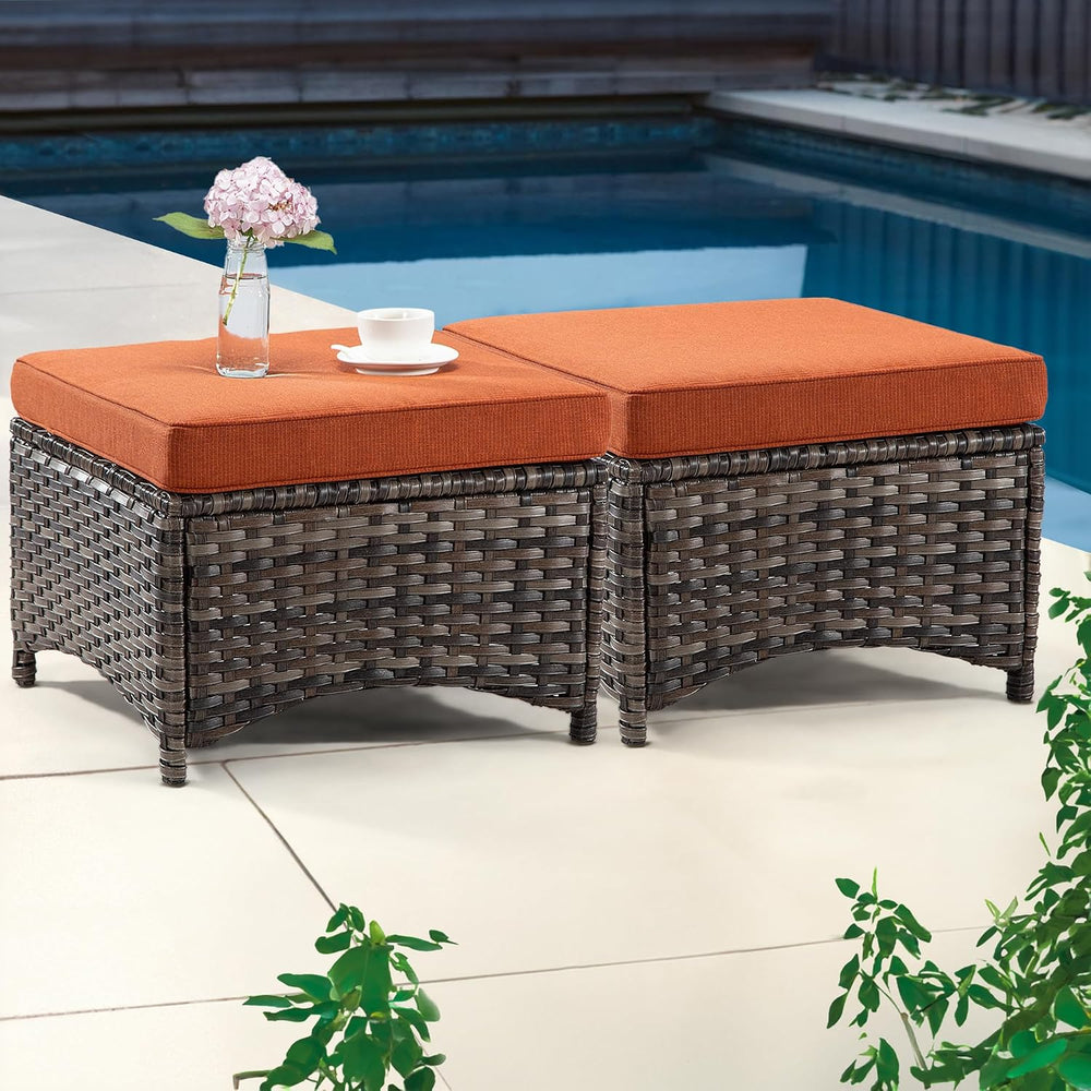 Outdoor Ottomans for Patio Set of 2 PE Wicker Steel Frame Outdoor Footstool w...