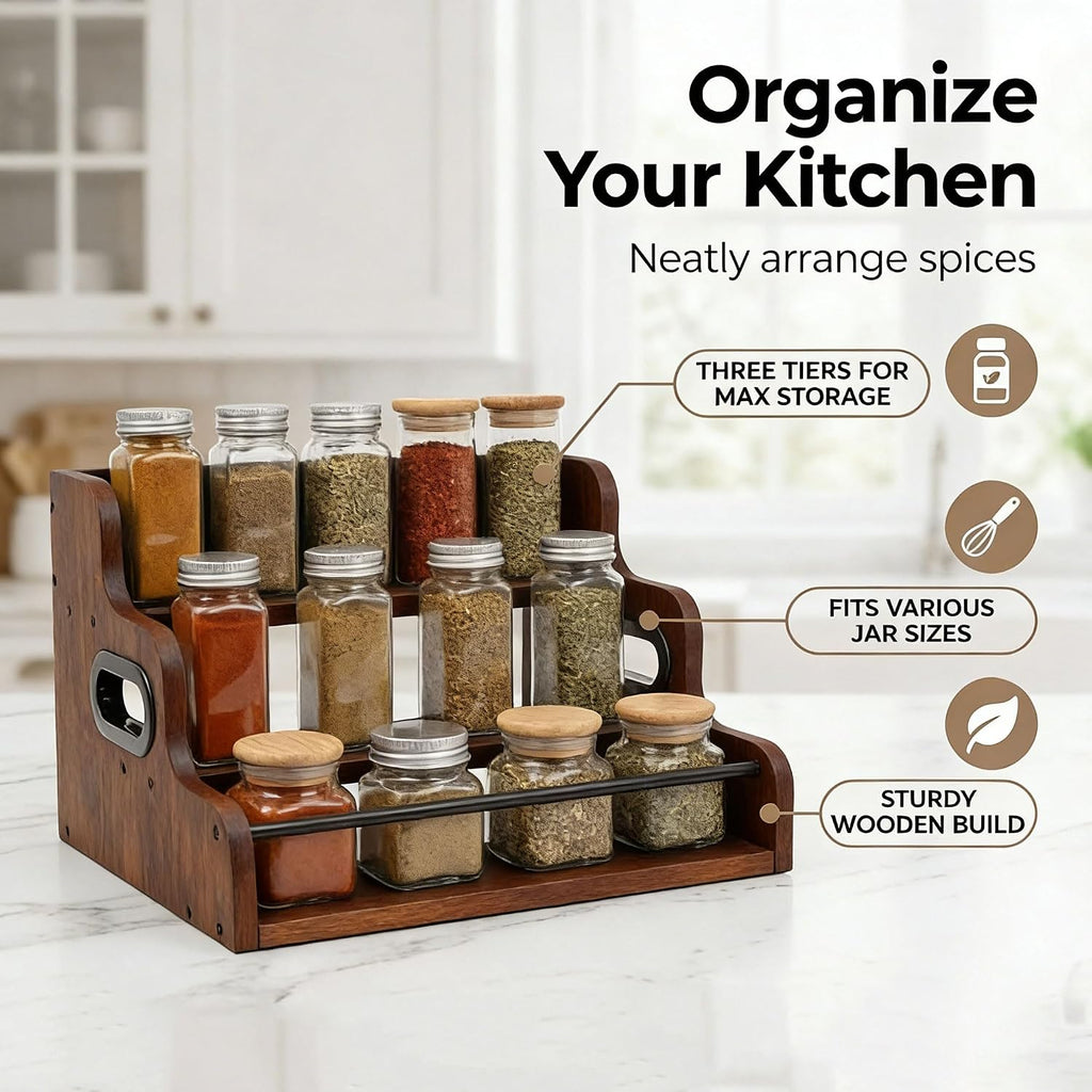 3-Tier Wood Bottle Display Shelf, Countertop Liquor Organizer, Rustic Brown