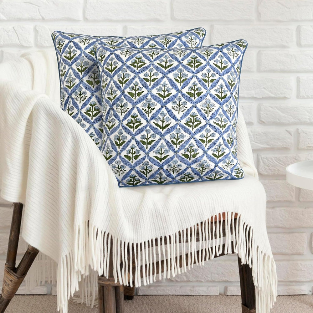 Ridhi Light Steel Blue Block Print Cotton Pillow Cover 18x18 Inch Set of 2