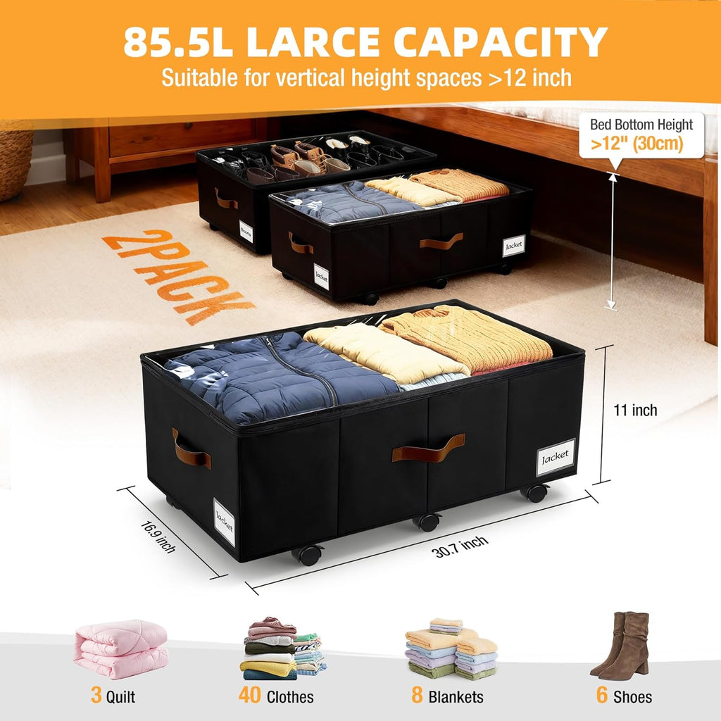 11 inch Under Bed Storage with Wheels, 2-Pack Underbed Storage Containers for College Dorms Bedrooms Organization, Foldable Under Bed Drawers for Comforters, Blankets, Clothes & Shoes, Black