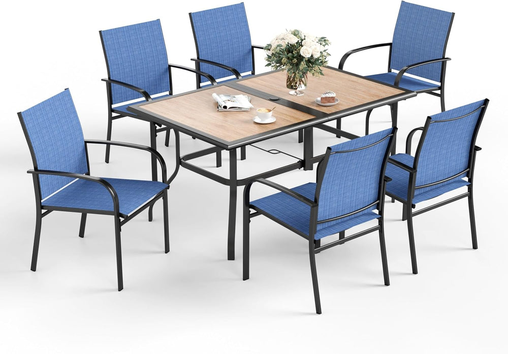 SUNSHINE VALLEY 7pc Patio Dining Set, 60”Metal Table (PVC Top) & 6 Chairs