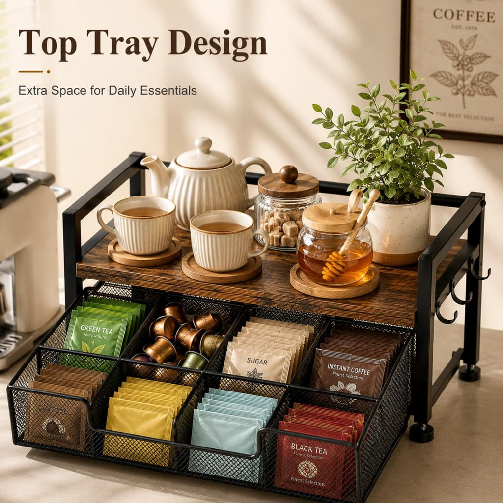 Tea Bag Organizer, Tea Bag Organizer Drawer, Wood Tea Organizers and Storage Chest Teabag Holder with Storage Drawer,Rustic Brown for Countertop Kitchen, Office