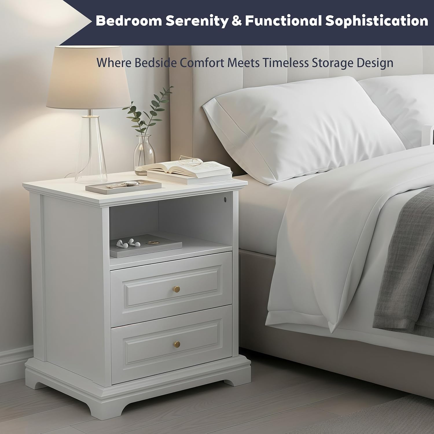 2-Pack White Nightstand with 2 Drawers & Open Shelf, 21.2"x16.5"x24.0" Bedside Table with Gold Knobs, Modern End Table for Bedroom Living Room