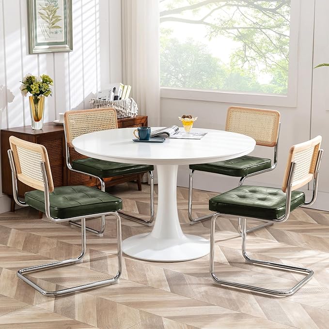 Zesthouse Natural Rattan Dining Chairs Set of 4, Modern Dining Room Chairs with Solid Wood Back for Kitchen Living Room, Mid Century Breuer Design Inspired, Upholstered Faux Leather Green
