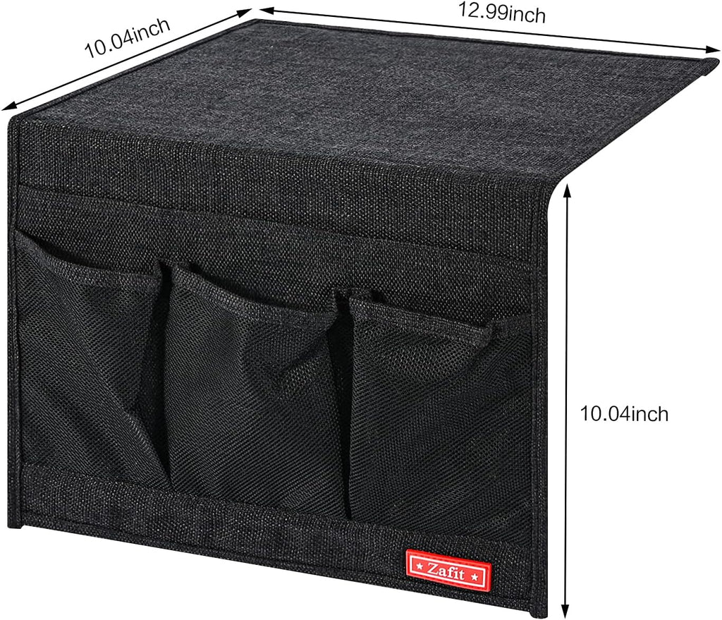 Linen 4 Pockets Bedside Caddy, Bedside Storage Organizer for Magazine, Remotes, Phone (Classic Black)