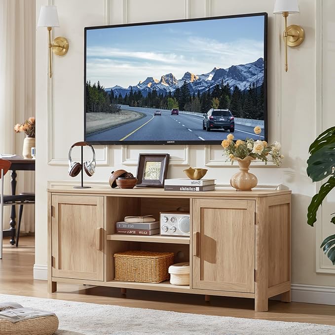 Farmhouse 55" Entertainment Center, Natural Oak Tv Stand with Adjustable Shelves & 2 Door Storage,Wood Media Console Cabinet for TVs Up to 65 inches, Rustic Tv Stands for Living Room,Bedroom