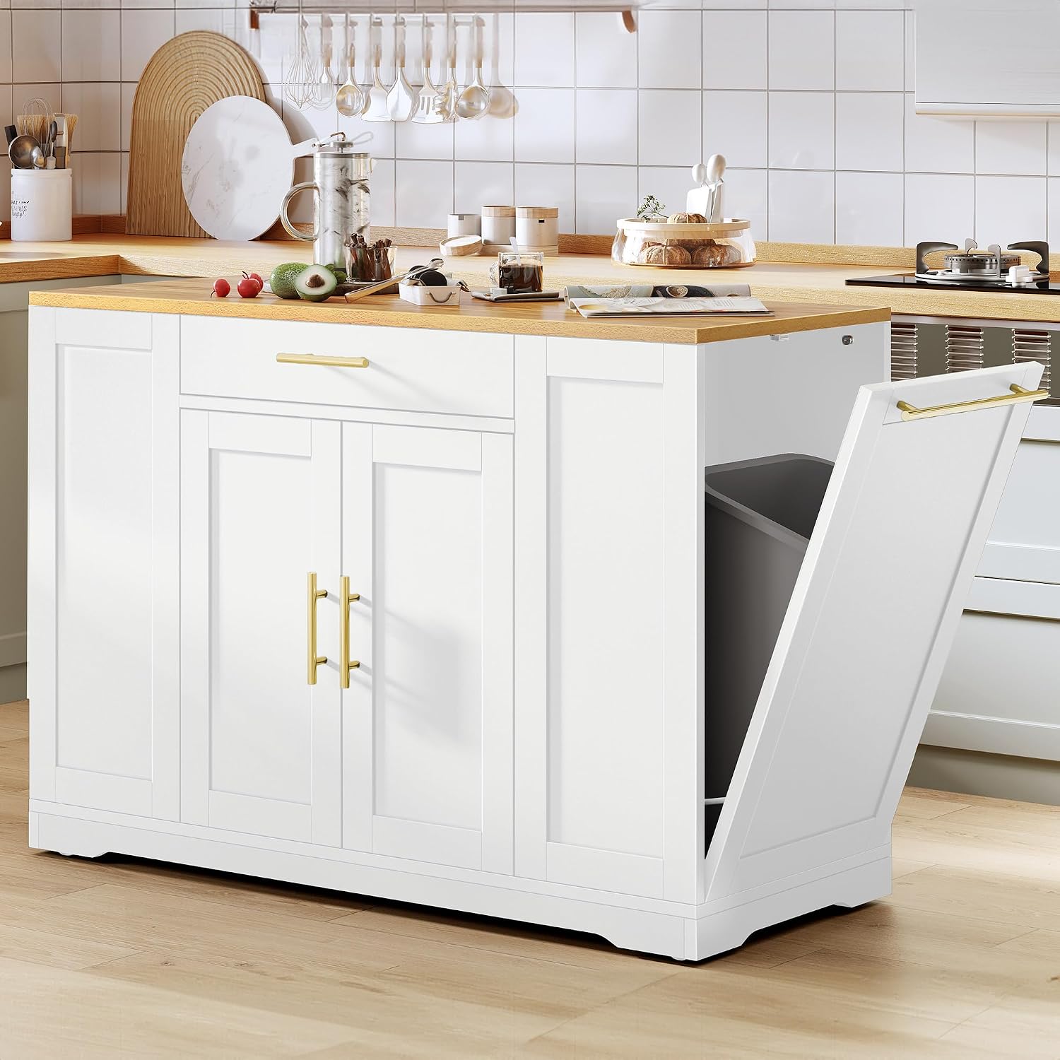 DWVO Large Kitchen Island with Trash Can Cabinet | 53 Inch Kitchen Island on Wheels, Rolling Island with Tilt‑Out Garbage Storage Fits 13 Gallon Bin