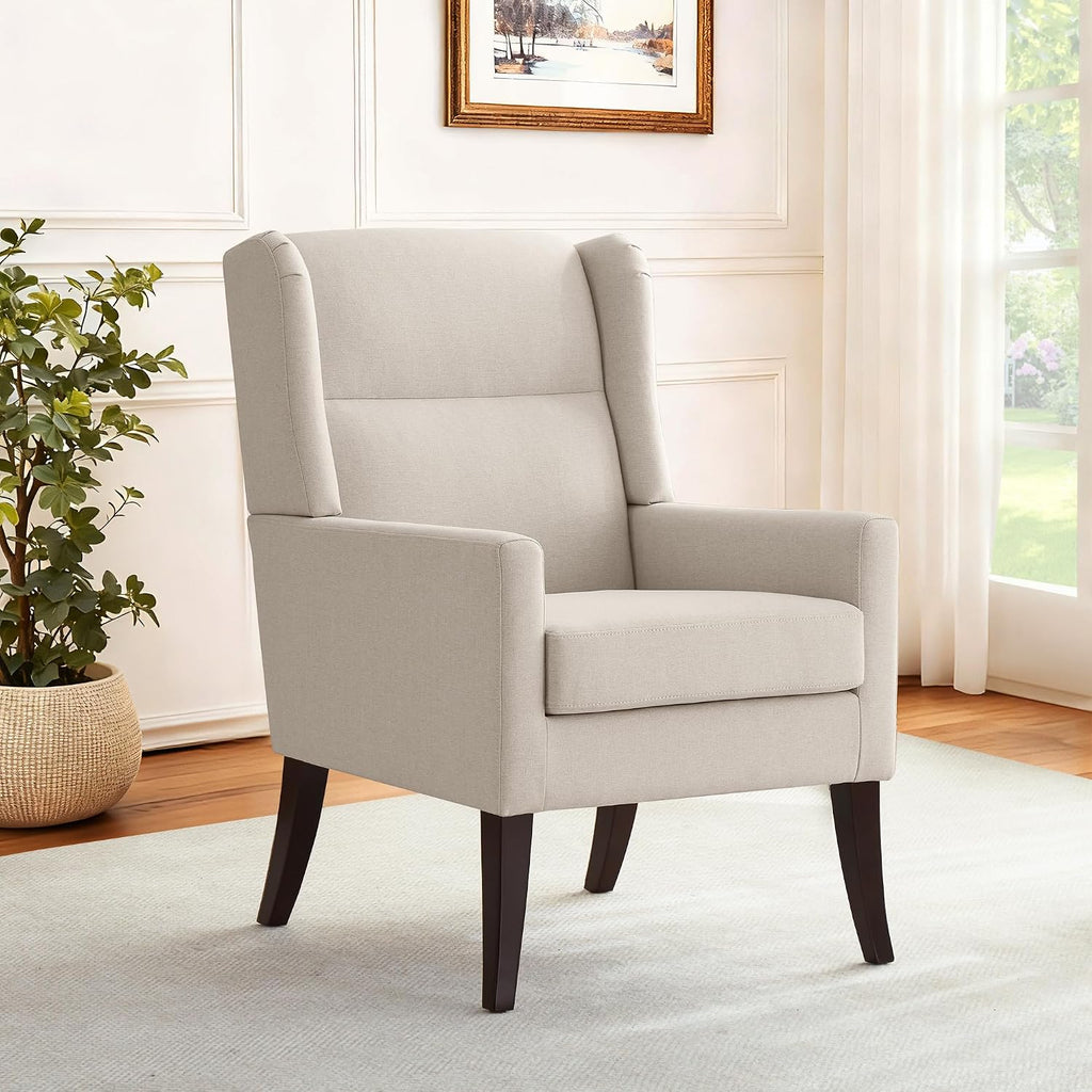 Zihanhome High Back Accent Chair, Fabric Upholstered Living Room Chairs | Modern Comfy Armchair with Wooden Legs for Living Room,Bedroom,Apartment,Reading Spaces. (1, Beige)