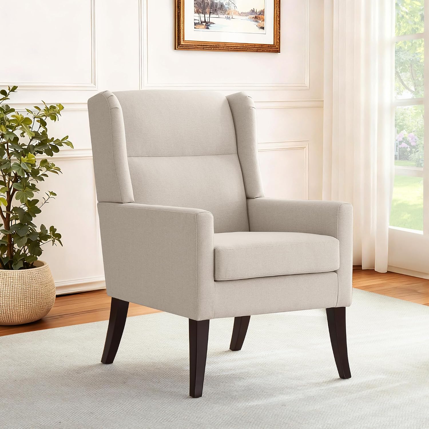Zihanhome High Back Accent Chair, Fabric Upholstered Living Room Chairs | Modern Comfy Armchair with Wooden Legs for Living Room,Bedroom,Apartment,Reading Spaces. (1, Beige)