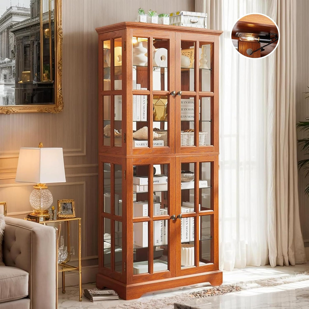 69" Lighted Display Cabinet with 4 Glass Doors, Tall Elegant Bookcase wi...