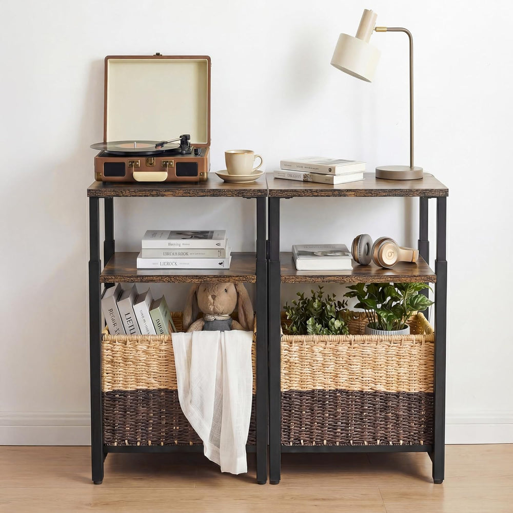 Side Table with Storage Basket, Small End Table with Modern Design and Adjust...