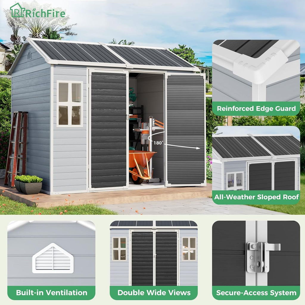 6x8 FT Plastic Storage Sheds Outdoor with Floor and Window, Utility All-Weather Resin Shed Easy to Install, Large Sheds & Outdoor Storage/Tool Shed for Backyard Patio Lawn, Gray