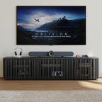 POVISON Full Assembled Mid Century Modern TV Stand, Black Entertainment Center for 65 inch TV, Wood Slatted Media Console with Storage, Low TV Cabinets for Living Room Bedroom, Oak Veneer