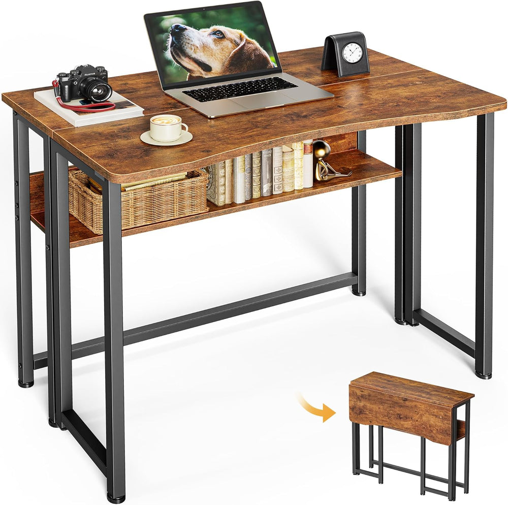 Huuger Folding Desk with Storage Shelf, 31.5 Inch Foldable Computer Table for...